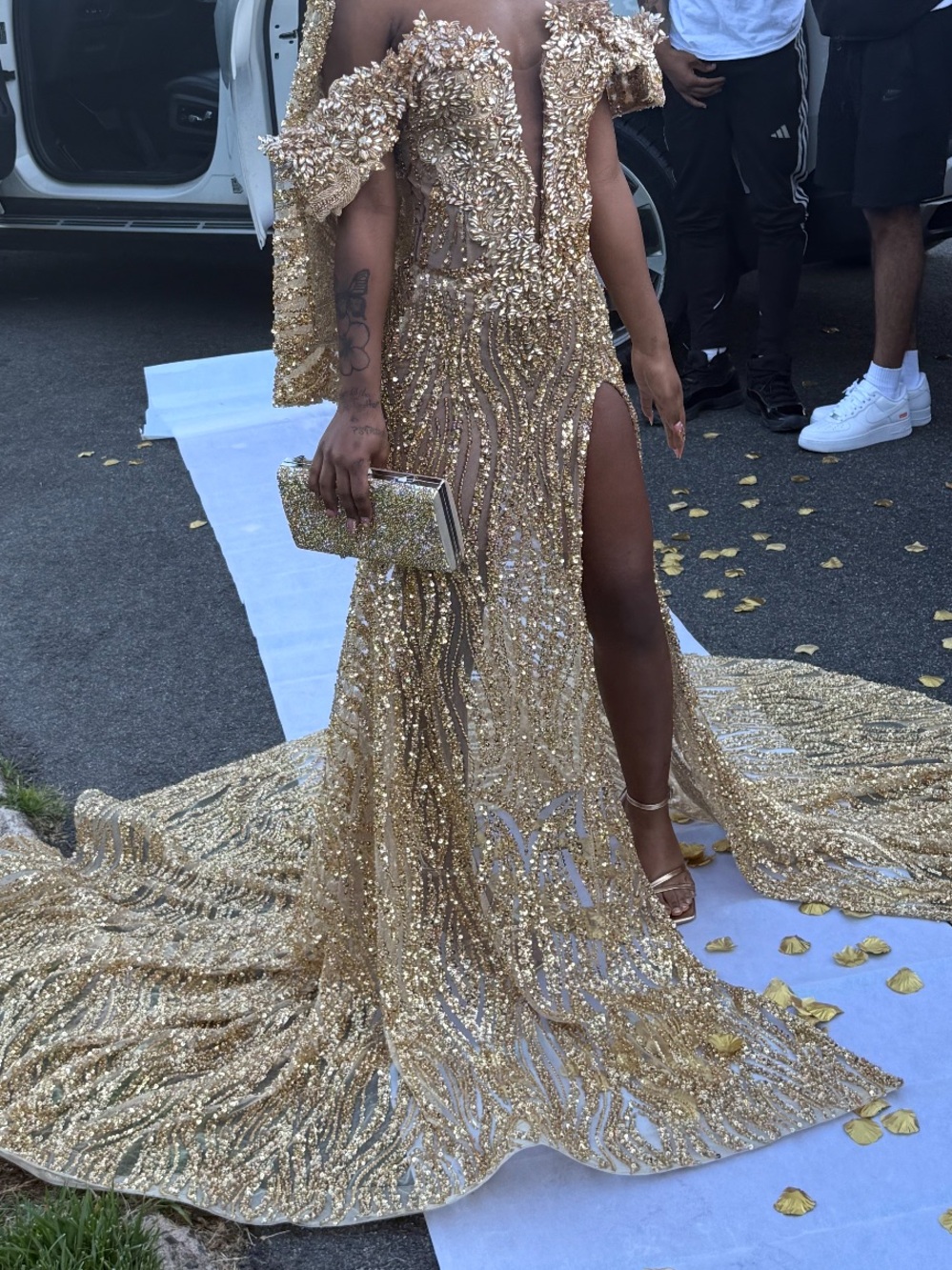 Gold diamond Off-Shoulder Evening Gown with High Slit